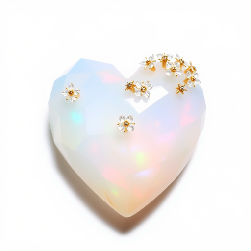 a human heart made of facet cut opal crystal, decorated with small crystal flowers, pastel colors, fine subtle gold details, white background, small drop shadow, beautiful light incidence, prism.