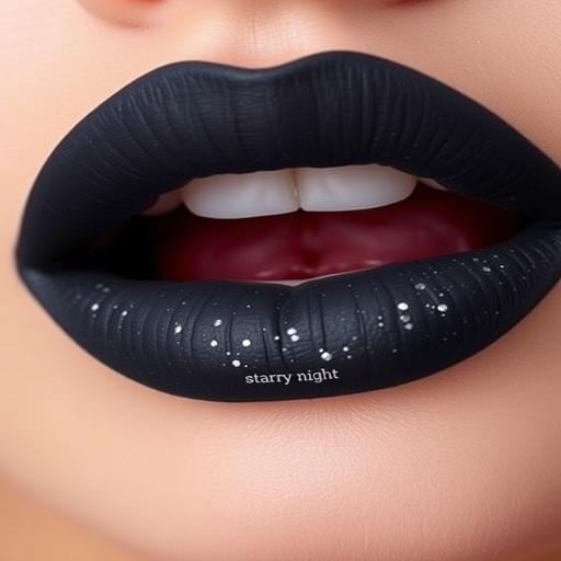 Matte charcoal grey lips with silver micro-glitter, titled "Starry Night," provide an edgy, dramatic look with a comfortable, long-lasting formula