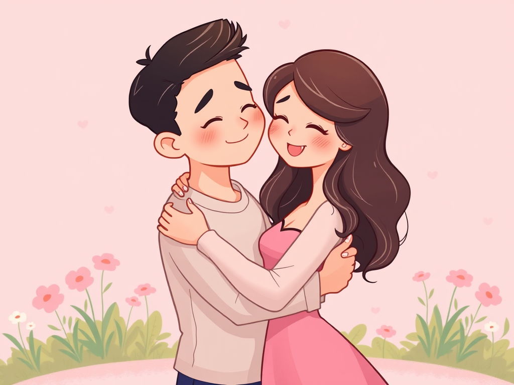 Create a digital illustration of a couple embracing, using a soft pink color palette, with a cartoon style, high-resolution, shot from a slightly elevated angle, with a focus on the characters, using a digital drawing tablet at 300 DPI.