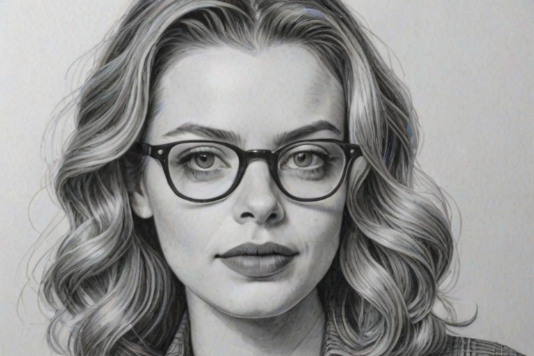 Radiant Gillian Jacobs, pencil sketch, portrait of Bewitching woman 1936s in glasses, hair style beatnik, outline, clear lines, fine lines, 8k