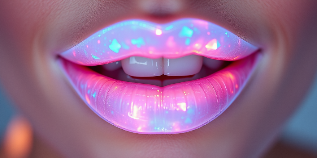 Radiant opal lips shimmer with iridescent white and pastel rainbow hues, creating a magical and ethereal effect perfect for editorial imagery