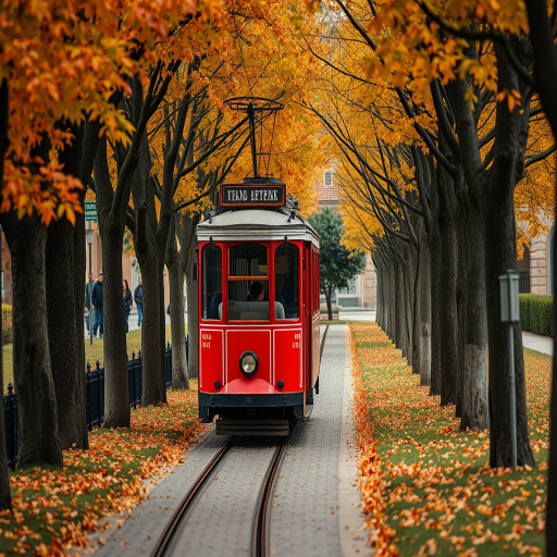 A vintage red tram traveling down a tree-lined path in autumn, with vibrant orange and yellow leaves, narrow cobblestone track, shot with a Canon EOS R5, 50mm lens, f/1.8 aperture, ISO 100, soft focus background for depth.