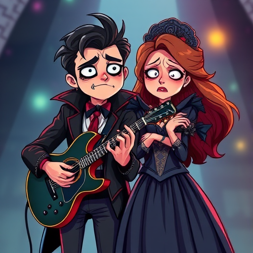 Create an illustration of a cartoon-style gothic man with a guitar and a distressed woman in a Victorian dress, using vibrant colors and high contrast, shot with a DSLR camera at f/5.6, ISO 100, 50mm lens, with a soft focus background and bright lighting.