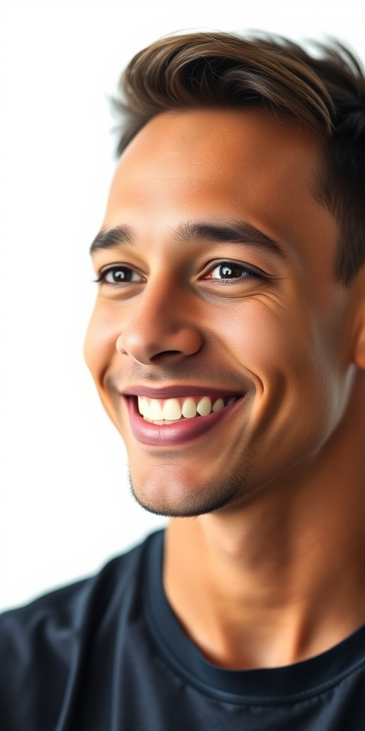 portrait of a smiling young man on a plain white background, taken with a 50mm lens at f/1.8, ISO 200, 1/100s, natural light, shallow depth of field, frontal view, shot with a DSLR camera