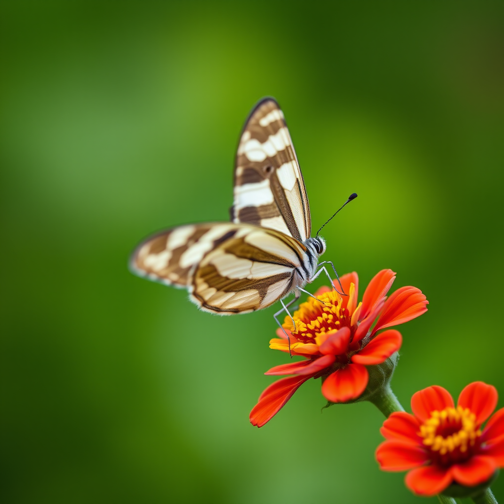 A close-up of a striped butterfly perched on a vibrant flower, with a soft-focus green background, captured with a DSLR camera at f/2.8, 1/500 sec, ISO 200, using a macro lens for enhanced detail and clarity.