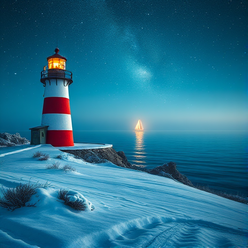 Generate a serene winter scene featuring a lighthouse with red and white stripes, a snowy landscape, a calm ocean reflecting starlight, and a sailboat in the distance, captured with a DSLR camera at f/8 aperture, 1/250 shutter speed, ISO 100, wide angle lens, in vibrant colors and high resolution.