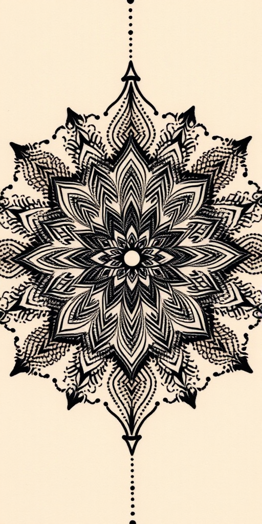 Dotwork mandala tattoo named "Cosmic Convergence" featuring intricate geometric patterns radiating from a central point, with gradual transitions from fine dots to solid blackwork