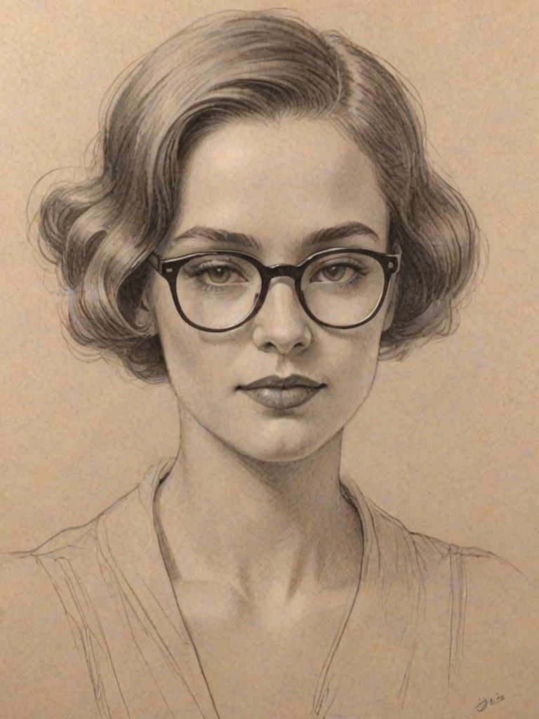 Pleasing Jazmyn Simon, pencil sketch, portrait of Superb woman 1922s in glasses, hair style beatnik, outline, clear lines, fine lines, 8k