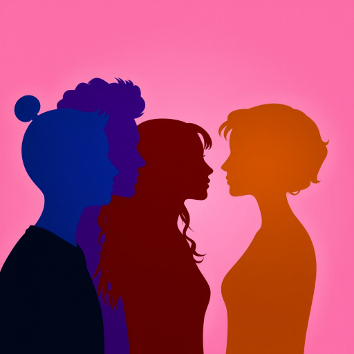 create a vibrant silhouette portrait illustration of diverse human profiles facing each other against a soft pink background, using a digital painting style, with a focus on smooth gradation and depth, captured with a high-resolution setting of 300 DPI, a Canon EOS R5 camera, with a 50mm lens, aperture f/2.8 for depth of field, and a soft lighting setup for enhanced shadows and highlights