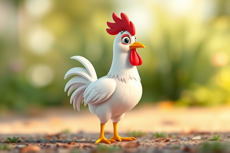 Generate a high-quality image of a cartoon chicken standing in a side view, using a DSLR camera at 50mm focal length, with an aperture of f/2.8 for a shallow depth of field, natural lighting, and a vibrant color palette.