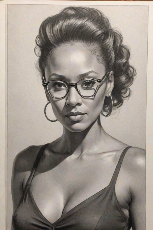 Superb Melanie Brown, pencil sketch, portrait of Alluring woman 1937s in glasses, hair style beatnik, outline, clear lines, fine lines, 8k