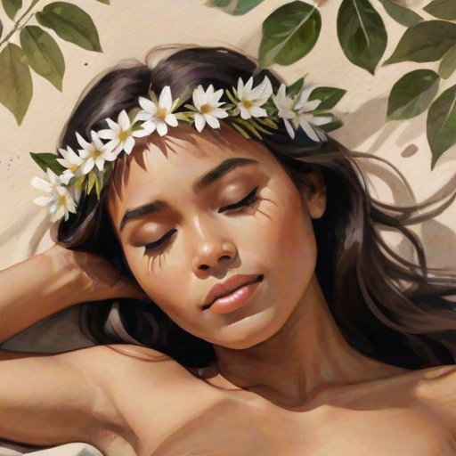 create a watercolor painting of an ethereal portrait of beautiful Guarani woman with a simple white flower crown on her head. Her hair is long and she is lying on the ground. The sunlight on the trees casts shadows from the leaves on her face and body. The background is a neutral brown color that matches her skin tone. The image is minimalist and solid colors. This style is characterized by soft, delicate brushstrokes and a light, airy, contrasting color palette. High level of detail and play of light