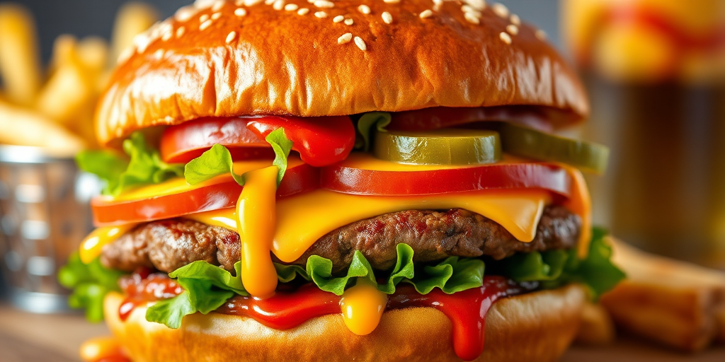 High-resolution, close-up image of a gourmet double cheeseburger. The burger features a glossy, sesame-seed-topped brioche bun. Inside, there are two thick, juicy beef patties, each topped with melted cheddar cheese. The burger is garnished with fresh lettuce, tomato slices, diced onions, and pickles. A generous amount of ketchup and a creamy, orange-colored sauce is dripping down the sides, adding to the mouth-watering appeal. In the background, there are blurred elements including a side of golden French fries and a hint of a beverage, enhancing the overall presentation of a delicious meal.