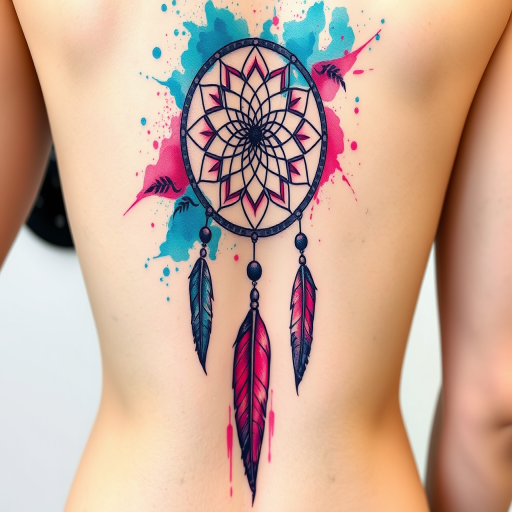 Stunning watercolor tattoo design featuring vibrant splashes of teal and magenta forming a dreamcatcher with feathers cascading down the spine intricate linework and soft gradients blend seamlessly