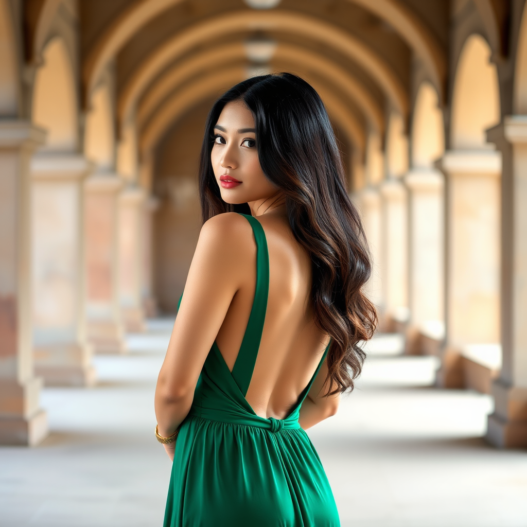 Create a high-resolution portrait of a woman with long dark hair wearing a backless green dress, captured in a softly lit architectural setting with arches, using a Canon EOS R5 camera, 85mm lens, f/1.8 aperture, ISO 100, and natural lighting.