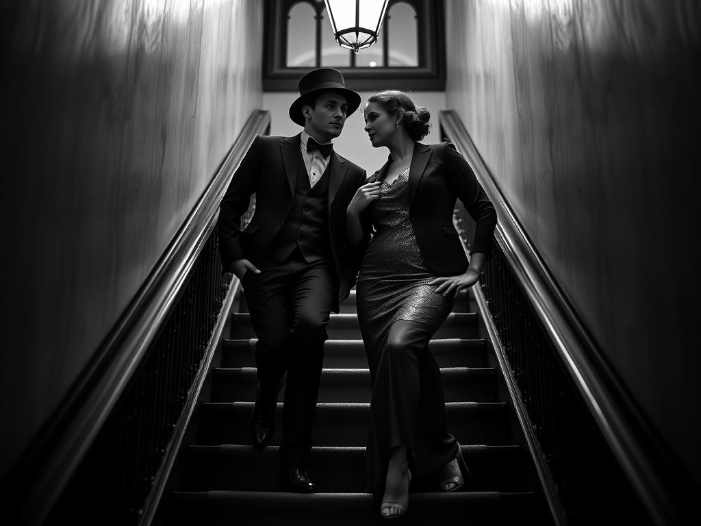 Create a high-resolution black and white image of a 1920s couple posed dramatically on a staircase, use a DSLR camera with a 50mm lens, aperture set to f/2.8 for a shallow depth of field, ISO 100 for low noise, and a slightly underexposed look for enhanced contrast.