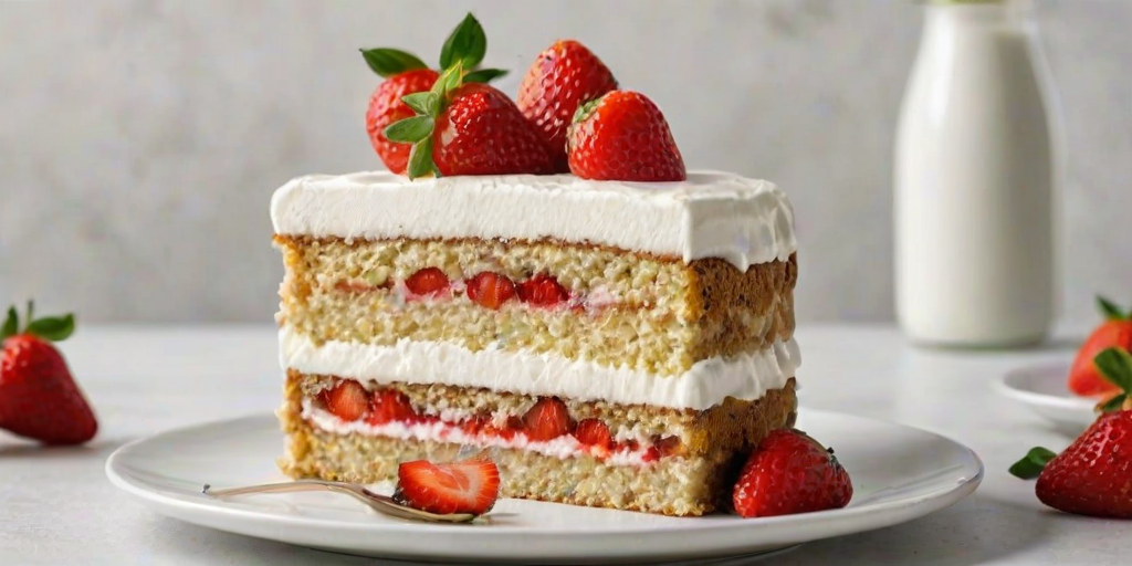 Generate an image of a slice of layered cake with white frosting and fresh strawberries on top. The cake should have visible layers of sponge and strawberry filling, placed on a white plate with a golden fork beside it. The background should be light and minimalistic, enhancing the focus on the cake.