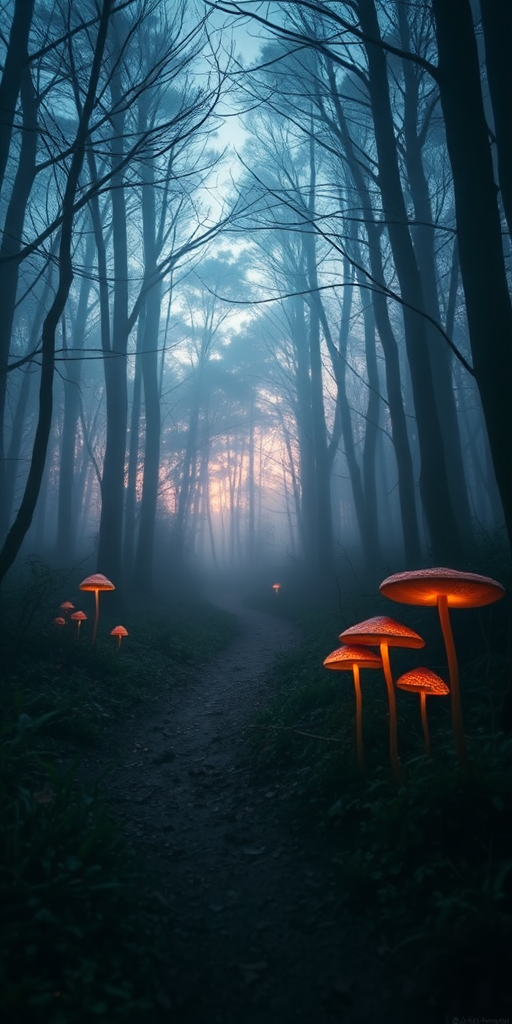 Create an image of a mystical forest during twilight with glowing mushrooms, soft mist, and a winding path, shot with a DSLR camera at f/2.8 aperture, ISO 400, 50mm lens, using a low-angle view to capture depth and perspective.