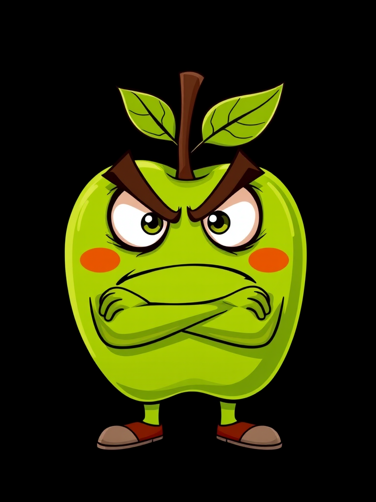 Create a cartoon-style illustration of an angry green apple with bulging eyes and a furrowed brow, standing with arms crossed, shot with a Canon EOS R5 at f/2.8, 1/60s, ISO 100, using a 50mm lens, with a focus on vibrant colors and high contrast against a black background.