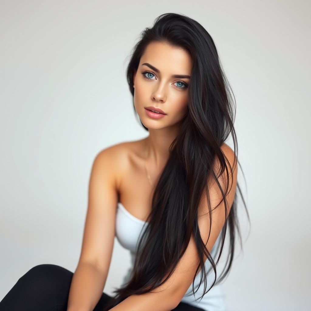 Regenerate a high-quality image of a seated female figure with long black hair and blue eyes, captured in a bright studio setting, using a DSLR camera with a 50mm lens at f/1.8, ISO 100, and 1/200s shutter speed, employing a shallow depth of field to create a soft background blur.