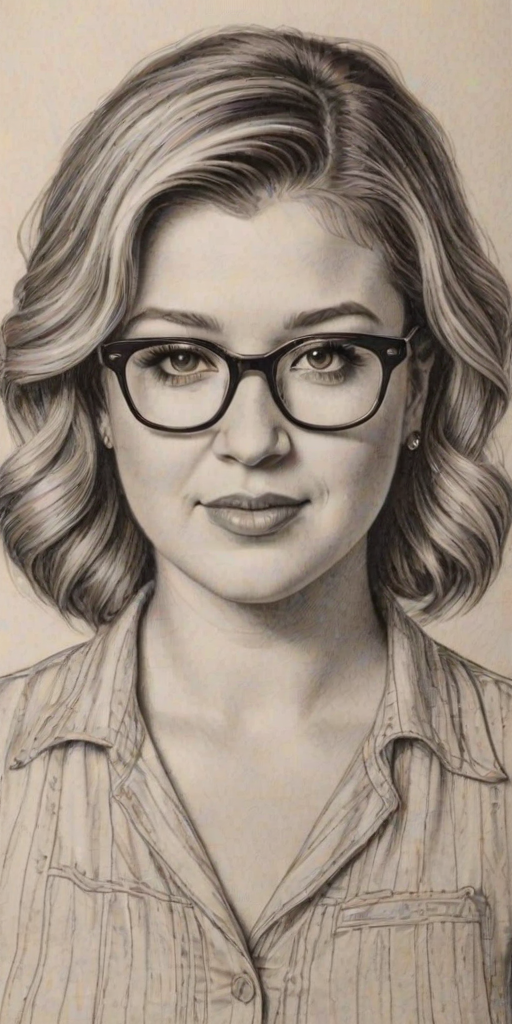 Appealing Kelly Clarkson, pencil sketch, portrait of Comely woman 1933s in glasses, hair style beatnik, outline, clear lines, fine lines, 8k