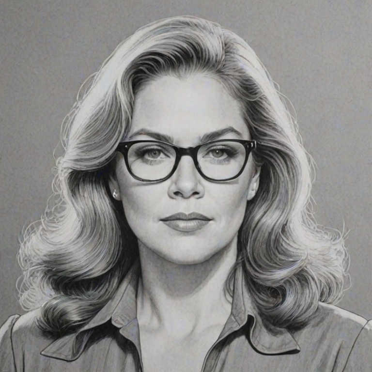 Elegant Kathleen Turner, pencil sketch, portrait of Superb woman 1977s in glasses, hair style beatnik, outline, clear lines, fine lines, 8k