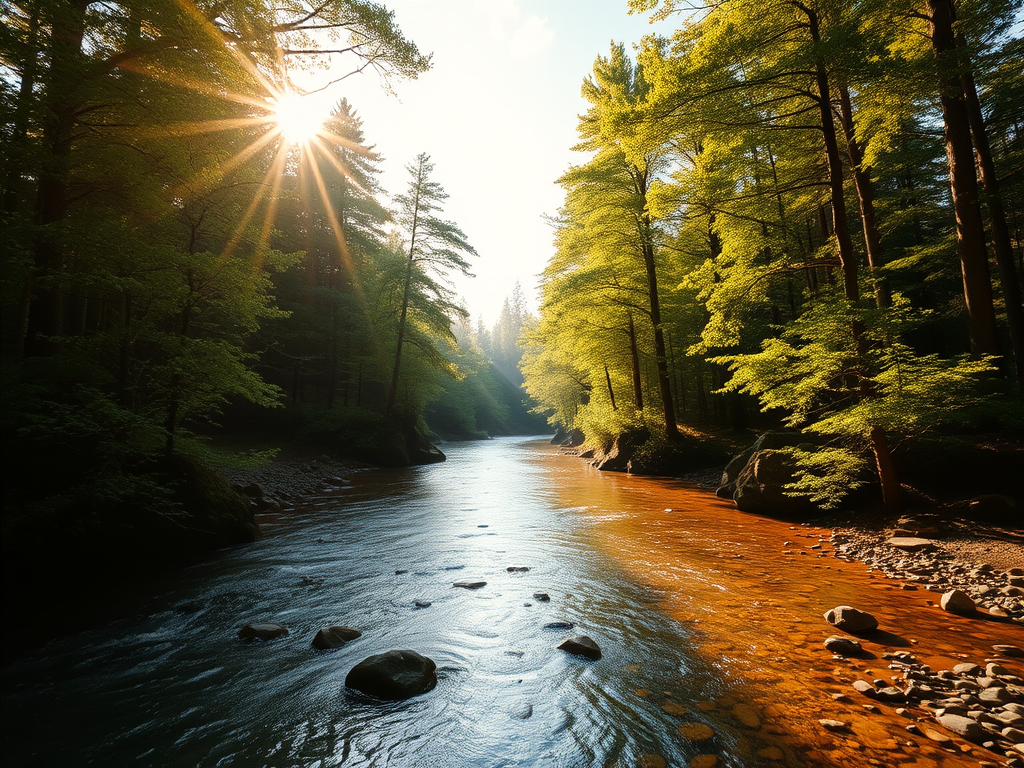 Create an image of a serene, sunlit forest scene with a clear, gently flowing river. Tall trees with lush green foliage line both sides of the river, their leaves bathed in the warm golden light of the setting or rising sun. The sunlight filters through the trees, casting soft, dappled light on the river, which flows over smooth rocks and pebbles, creating a peaceful, natural atmosphere. The sky is bright with a few scattered clouds, and the overall mood is tranquil, evoking a deep sense of connection with nature. The image captures the beauty of a calm, pristine forest landscape at either dawn or dusk.