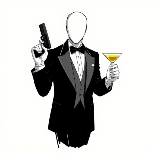 Generate a digital illustration of a faceless character in a tuxedo holding a handgun in one hand and a martini glass in the other, use a DSLR camera type with a 50mm lens at f/1.8, ISO 100, and a shallow depth of field for a focused foreground and blurred background, in a high-resolution format.