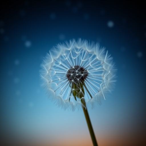 Generate a high-resolution image of a dandelion puff ball with a dreamy night sky background featuring stars and soft blue hues, captured using a DSLR camera with a 50mm lens, aperture set to f/1.8 for a shallow depth of field, ISO 200 for low noise, and a tripod for stability to enhance clarity.
