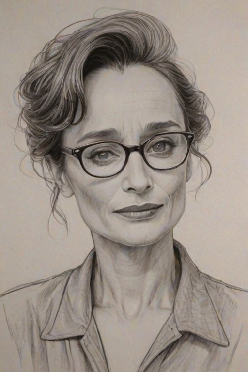 Comely Kristin Scott Thomas, pencil sketch, portrait of Enchanting woman 1951s in glasses, hair style beatnik, outline, clear lines, fine lines, 8k