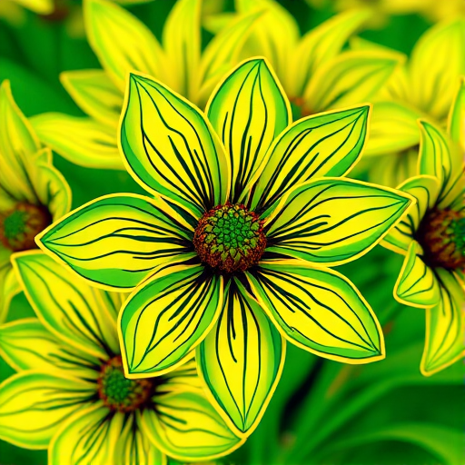 Create a high-resolution digital artwork of stylized flowers with intricate outlines in vibrant green and yellow tones, using a DSLR camera with a 50mm lens, aperture f/2.8, ISO 100, shot from a close-up angle to highlight details and reflections.