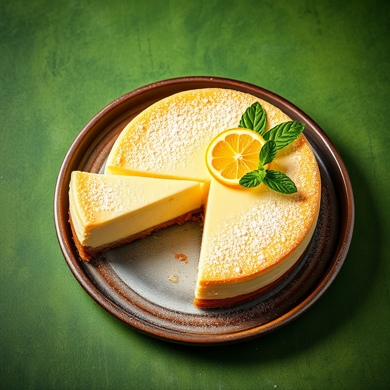 Create an image of a lemon cheesecake on a rustic plate with a slice removed revealing its creamy texture. The cheesecake should have a smooth top with a light dusting of powdered sugar and be garnished with a slice of lemon and fresh mint leaves. The background should be a textured green surface to enhance the vibrant colors of the cake.