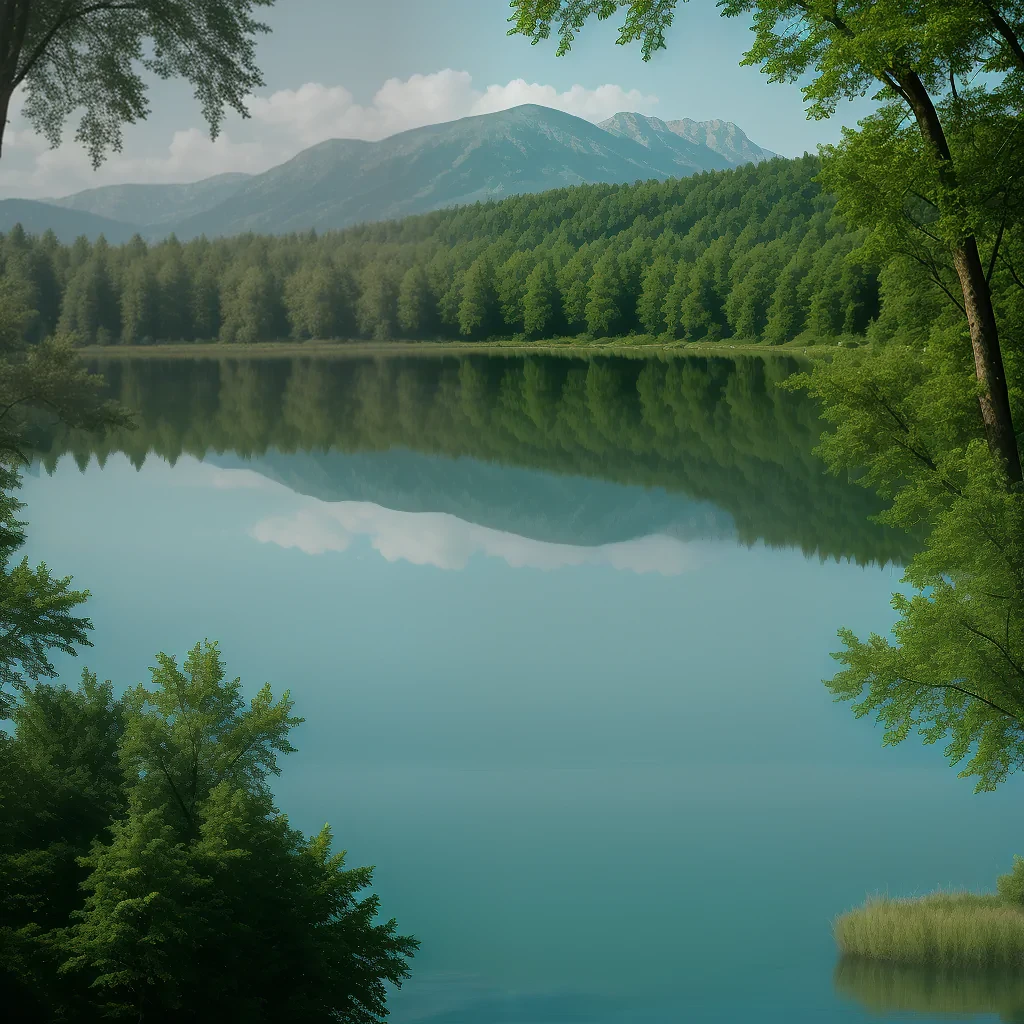 A Tranquil Lake Scene Surrounded by Lush Greenery and Majestic Mountains.