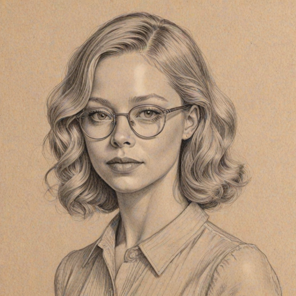 Stunning Portia Doubleday, pencil sketch, portrait of Wonderful woman 1929s in glasses, hair style beatnik, outline, clear lines, fine lines, 8k