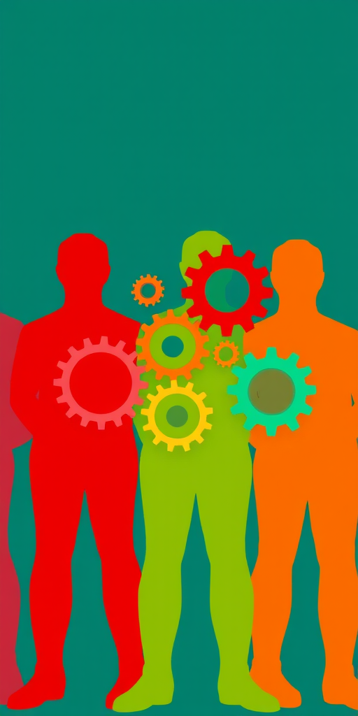 Create an image featuring the outline of five human figures in a gradient of colors from red to green, interconnected with six colorful gears in hues of red, orange, green, and blue, against a deep teal background; camera type: DSLR, camera style: vector illustration, camera settings: ISO 100, aperture f/8, shutter speed 1/60s, with a focus on high clarity and vibrant color contrast.