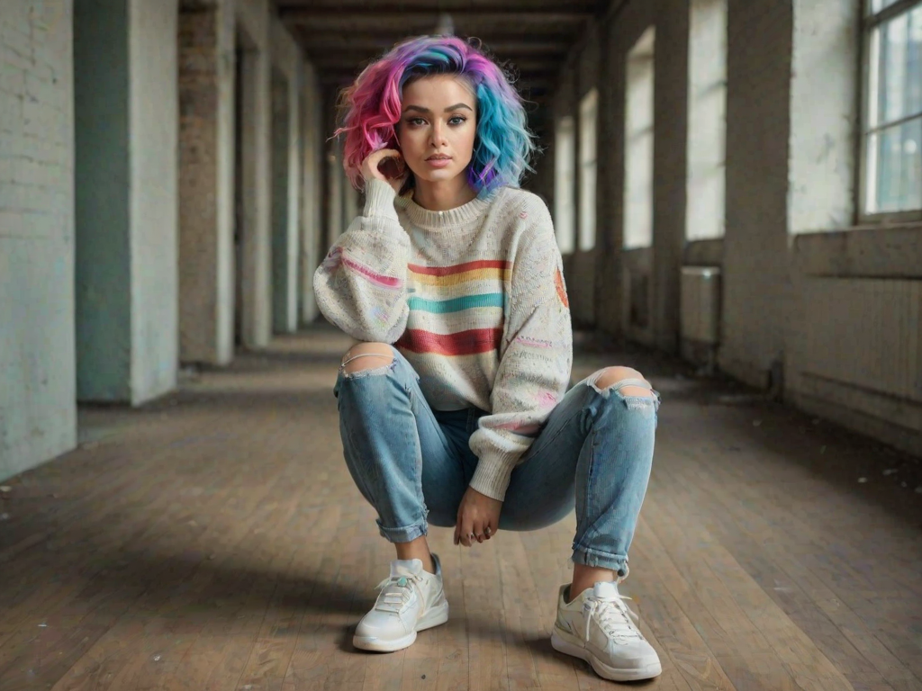 a fitness woman,Stacked Curls in Short Bob,rainbow hair,dressed in a casual oversized sweater with ripped jeans and sneakers,within the halls of eternal echoes,Overdetailed art Best quality ultra sharp intricate details Fine art,Polaroid,studio lighting