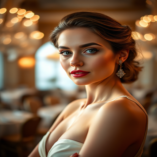 Portrait of an elegant woman in an opulent ballroom, soft lighting with bokeh effects, focal length 50mm, aperture f/1.8, ISO 200, shot with a DSLR camera, shallow depth of field to emphasize subject, vibrant colors and fine details.