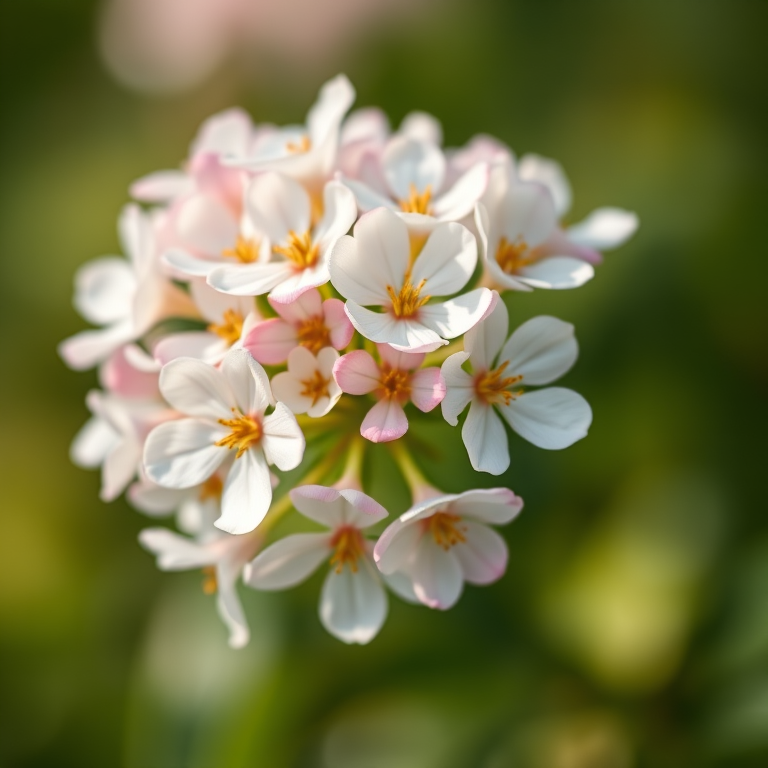 Capture a close-up of a cluster of white and pink flowers with a blurred green background using a DSLR camera, f/2.8 aperture, 50mm lens, ISO 100, and natural soft lighting.