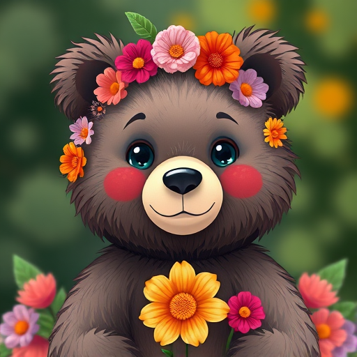 create a cute bear character adorned with vibrant flowers around its head and body, soft focus, 50mm lens, aperture f/1.8, ISO 100, natural lighting, portrait orientation, high-resolution digital illustration