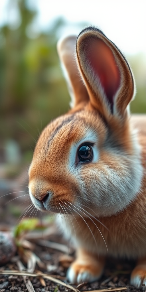 Generate a detailed image of a realistic rabbit with a soft fur texture in a natural setting, using a DSLR camera with an aperture of f/2.8, ISO 200, shutter speed of 1/250s, captured from a low angle view with a shallow depth of field for a blurred background, in vibrant colors and high resolution.