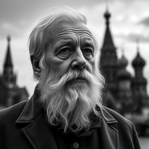 Create a high-resolution black and white portrait of a thoughtful elderly man with a full beard in front of a subtle blurred Kremlin silhouette, using a Canon EOS R5 with a 50mm f/1.2 lens, shooting in portrait orientation at ISO 100, aperture f/2.8, and a shutter speed of 1/125s for enhanced detail and contrast.