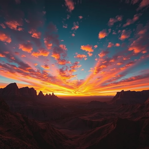 Create a vivid alien landscape featuring dramatic mountains and colorful clouds at sunset, image captured with a DSLR camera, 24mm lens, f/8 aperture, ISO 100, in a wide-angle view, using HDR photography to enhance dynamic range and saturation.