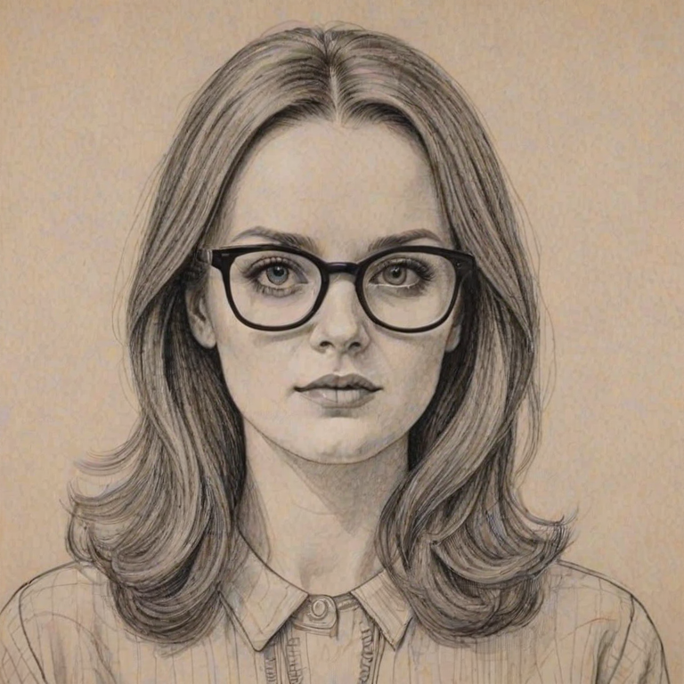 Wonderful Sophie McShera, pencil sketch, portrait of Fascinating woman 1968s in glasses, hair style beatnik, outline, clear lines, fine lines, 8k