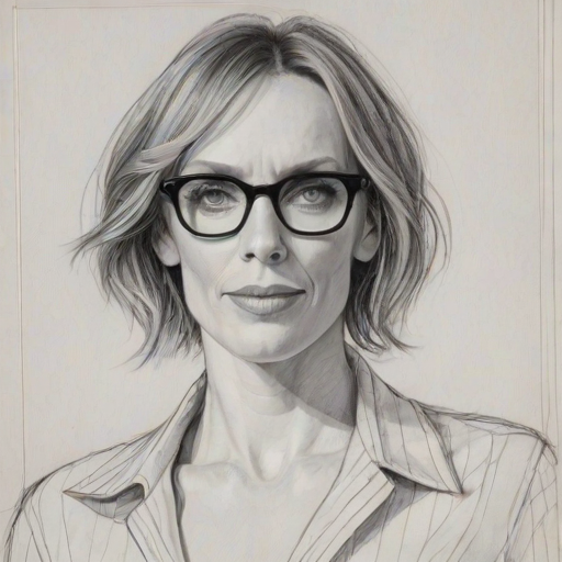 Alluring Toni Collette, pencil sketch, portrait of Resplendent woman 1973s in glasses, hair style beatnik, outline, clear lines, fine lines, 8k