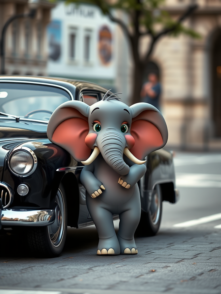 A cartoon elephant casually leaning against a sleek black vintage car on a city street, captured with a Canon EOS R5, 50mm lens, f/1.8 aperture, ISO 100, soft natural lighting, shallow depth of field for a dreamy background effect.