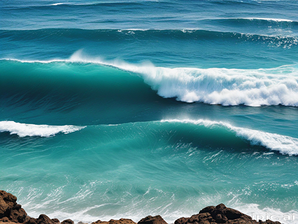 Majestic Ocean Waves Crashing Against Rocky Shore Under Bright Blue Sky