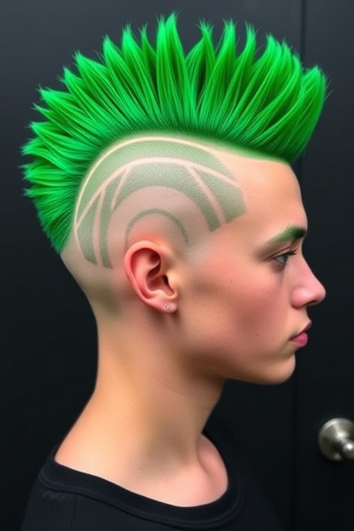 Bold emerald green mohawk called "Verdant Rebel" stands tall with shaved sides, featuring intricate geometric patterns etched into the scalp for a daring and edgy appearance