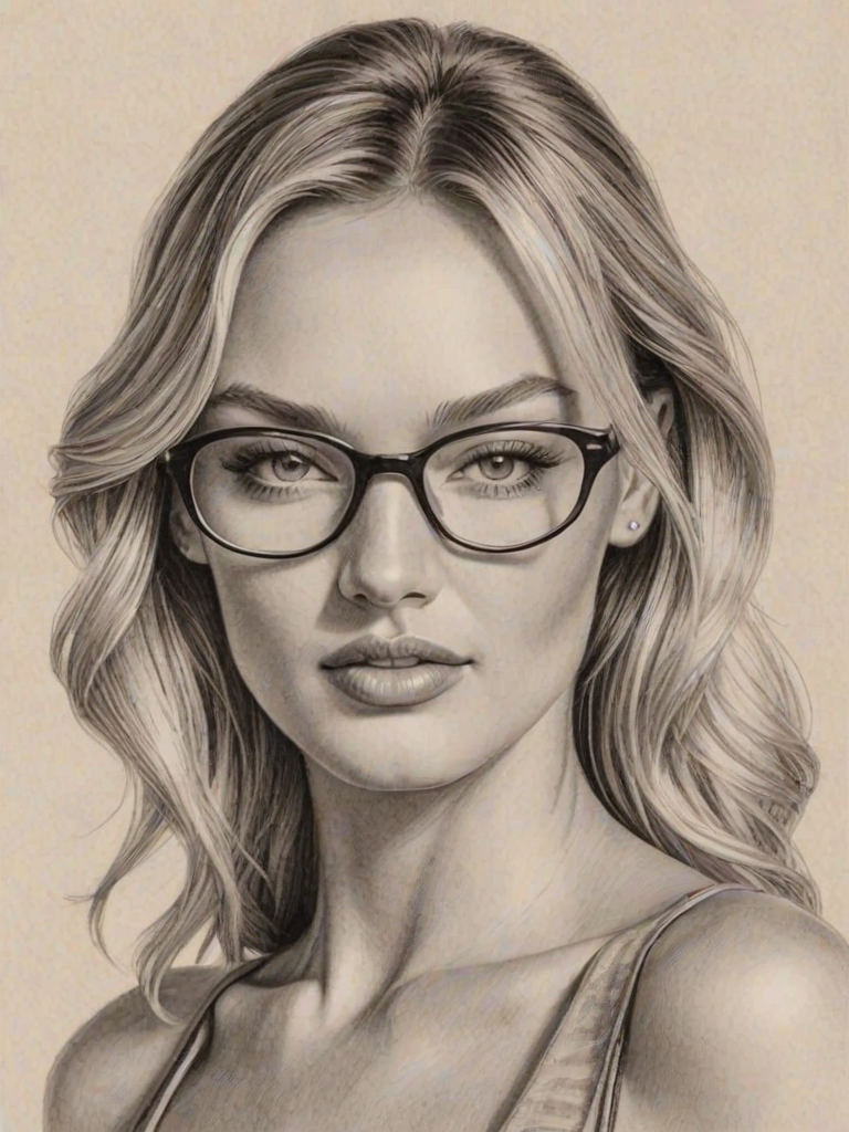 Enticing Candice Swanepoel, pencil sketch, portrait of Ravishing woman 1937s in glasses, hair style beatnik, outline, clear lines, fine lines, 8k