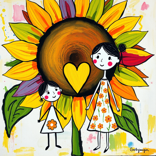 Stylized impressionism painting of a large sunflower with an oversized center and colorful petals. Beside, a young female character with eyes represented by dots and a mouth by a line, pink cheeks, hair attached, arms and legs a black line, flowery white dress triangle shape. A yellow heart surrounded by a black line between the two. Textured background with touches of colorful paint. Childish style.
