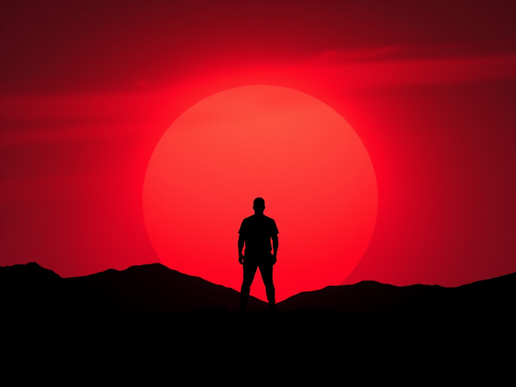 Create a minimalist silhouette of a figure standing against a large red sun, with black mountains in the foreground and a dramatic sky, using a full-frame DSLR camera with a 50mm lens, aperture set to f/1.8, ISO 100, and a low-angle perspective for enhanced depth and detail.